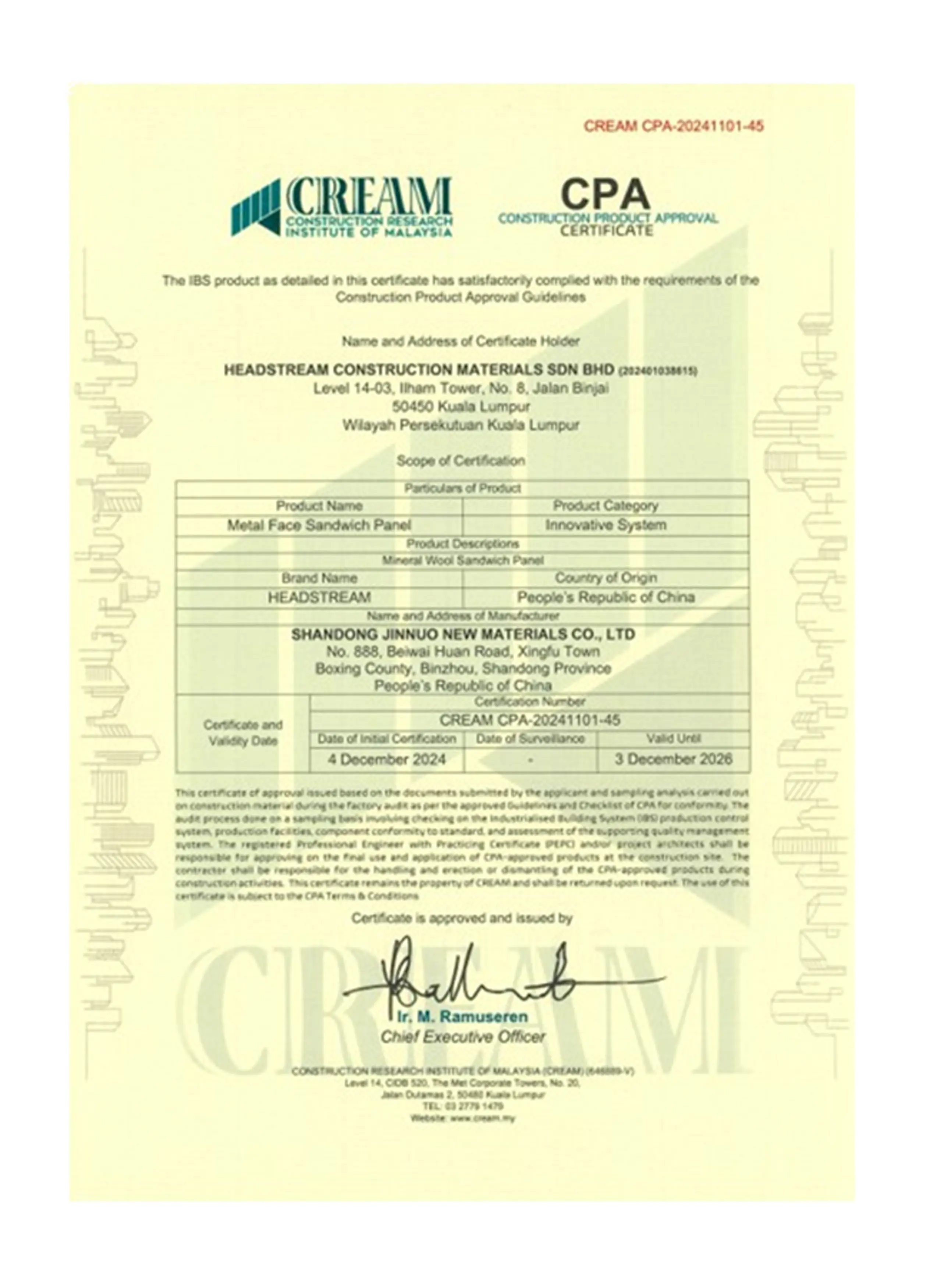 headstream-cpa-construction-product-approval-certificate